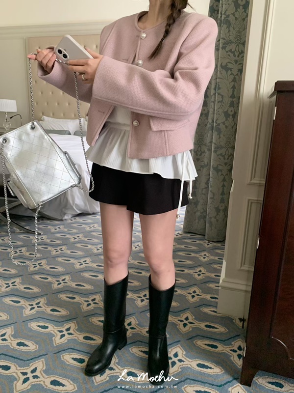 無領珍珠扣小香外套
